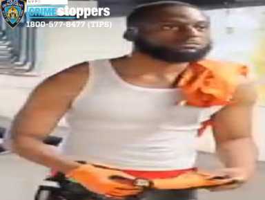 man in tanktop sought for beating Brooklyn straphanger with cane