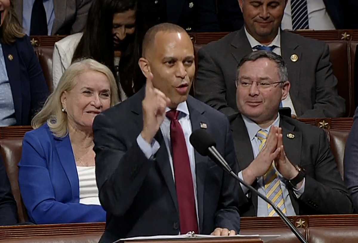 U.S. House Minority Leader Hakeem Jeffries (D-NY) delivers a marathon speech in opposition to U.S. President Donald Trump's massive tax-cut and spending bill, ahead of a vote on final passage of the legislation in the House of Representatives inside the House Chamber of the U.S. Capitol, in this still image from video in Washington, D.C., U.S., July 3, 2025. U.S. House TV/Handout via Reuters