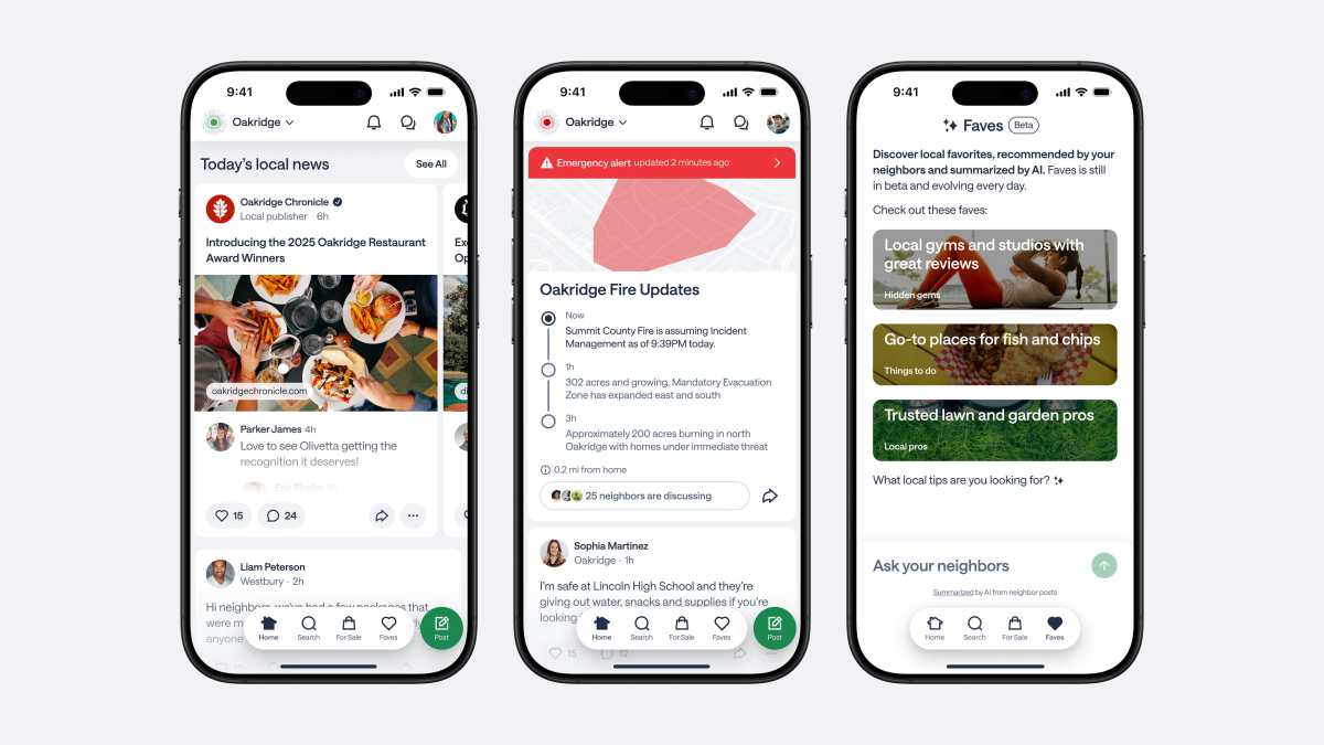 three phones show the Nextdoor app