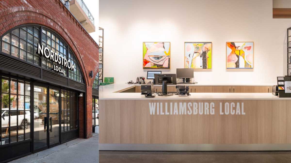 the exterior (left) and interior (right) of Brooklyn's new Nordstrom Local store.