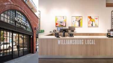 the exterior (left) and interior (right) of Brooklyn's new Nordstrom Local store.