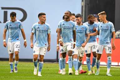 NYCFC pushes for playoff spot against top-seeded Cincinnati with nine games left 34 New York City FC (NYCFC) midfielder Andres Perea (8) celebrates his goal during the first half against the Nashville SC at Yankee Stadium.