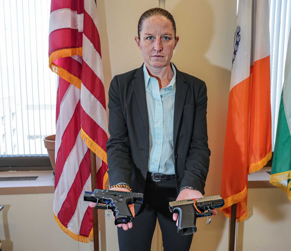 Deputy Chief of the NYPD Intelligence Division Courtney Nilan shows amNewYork two different kinds of ghost guns.