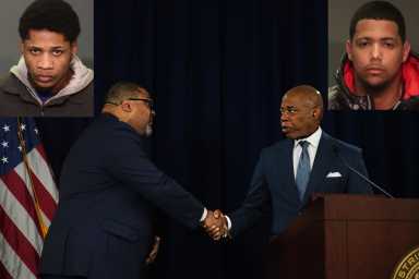 two men shake hands near portraits of suspects in border patrol agent shooting