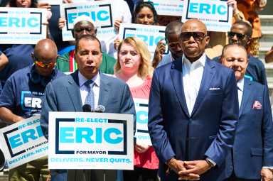 NYC Mayor's Race: Former Gov. Paterson backs Adams, drops bid for Mamdani rivals to coalesce 24 two men speaking at political rally, paterson supporting Eric Adams for mayor