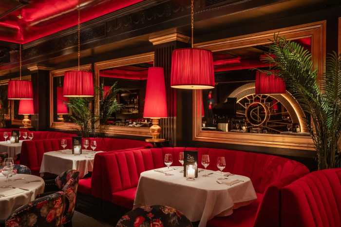 Velvet Caviar: Drai’s Supper Club is the new temple of seduction and elegance in the Meatpacking District 5 Interior with tables and red motif at Drai's Supper Club in the Meatpacking District