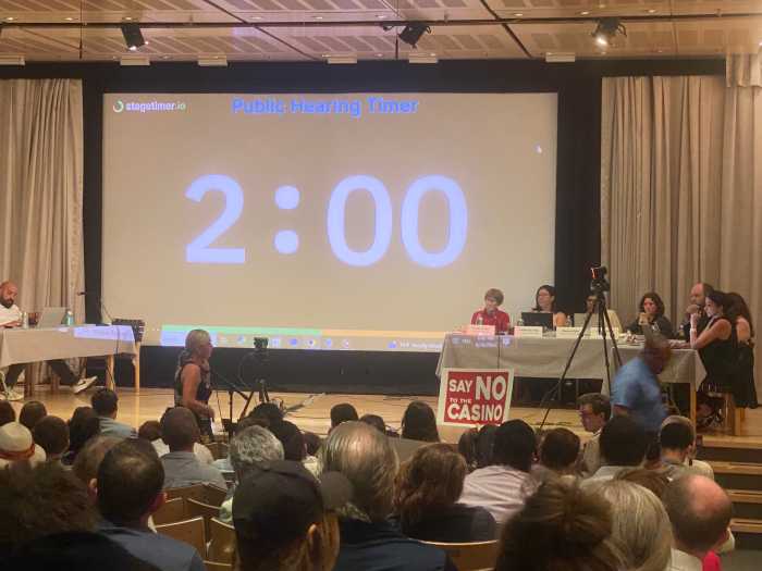 High stakes in Midtown East: Vocal locals call bluff on Freedom Plaza casino plan 3 The heated hearing allowed speakers two minutes each to give the committee feedback. The swell in turnout left many waiting outside the hall, adding to tensions