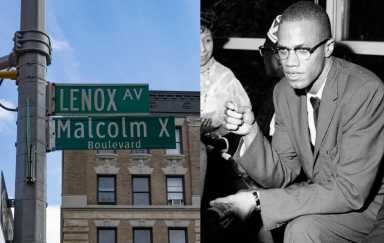 Malcolm x photo near street sign bearing his name in Harlem